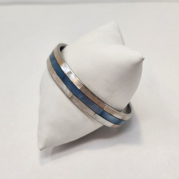 Blue White Abalone Shell Inlay Silver Tone Bangle Bracelet Vintage Stackable - Picture 2 of 5